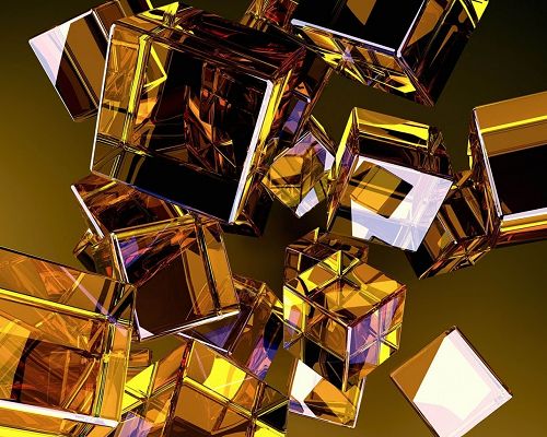 3D Abstract Background, Golden Glass Cubes Falling, Dark Yellow Setting, Shall Strike an Impression