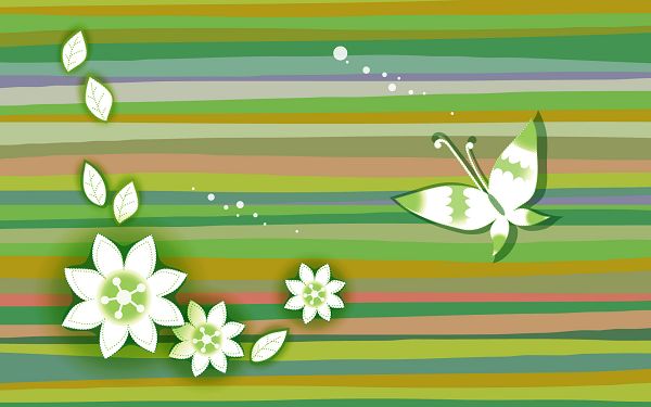 A Butterfly, Flowers and Leaves on a Crossed Line Background, Things Are Clear, Easy and Simple - Cartoon Flowers Wallpaper
