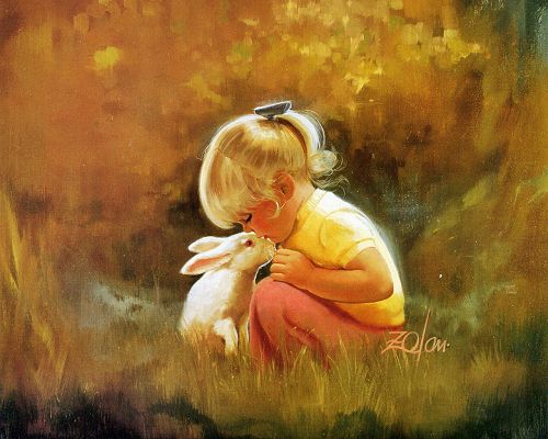 A Lovely Baby Girl and Her Obdient Pet, Kissing Each Other, the Scene is Warm and Cozy - Oil Painting Wallpaper