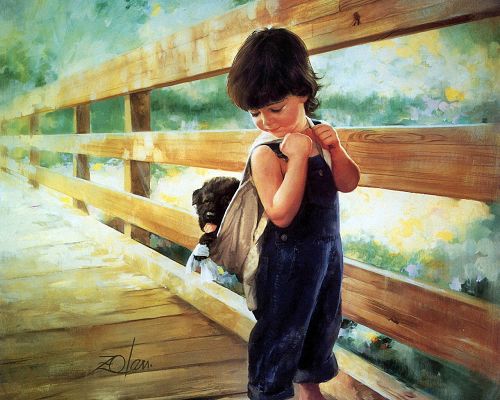 Baby Boy Going for School, a Puppy is in Schoolbag, Must be Fun to Play with, This is Childhood - Childhood Painting Wallpaper