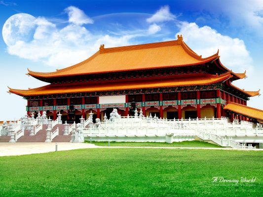 Beautiful Sceneries of the World - Japansese Dreamy World Post in Pixel of 1600x1200, Clean and Beautiful Building, the Blue Sky, Green Grass