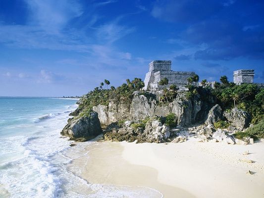 Beautiful Sceneries of the World - Mayan Ruins Tulum Mexico, the Clear and White Sea, the Blue Sky, Combine an Incredible Scene