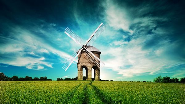 Beautiful Sceneries of the World - The Windwill Among the Green Grass, the Blue and Cloudy Sky