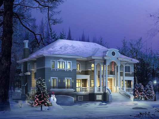 Beautiful Scenery of Architecture, Snow-Capped Roof, Warm Yellow Light, a Snowman by Christmas Trees' Side