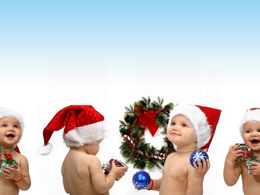Cute Babies Image, 4 Santa Kids, Each With Christmas Gift, All Happy and Satisfied on Christmas Day