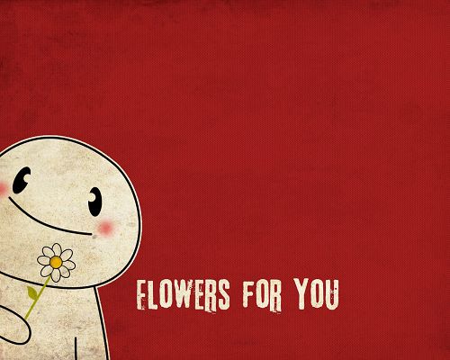 Flowers in the Cartoon Figure's Hands, Background is Red, Totally Warm and Enthusiastic - 3D Creative Wallpaper