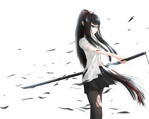 Free Anime Girls Pic, Girl in Long Black Hair and Katana Sword, Cool Facial Expression 