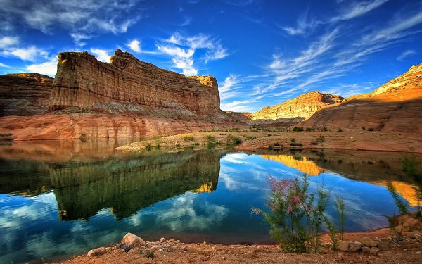 Free Download Natural Scenery Wallpaper of Canyon Reflections, Hills Are Wholly Shadowing in the Clear Blue Sea, Very Impressive Scene