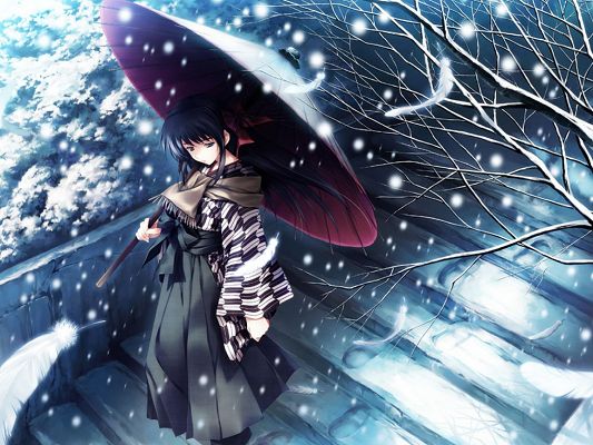 Free Photos of Anime Girls, a Girl Walking in Snow, Unbrella is White with Snow, She is in No Hurry