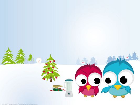 Free Scenery Wallpaper - Includes 2 Funny Christmas Birds, Are They in Love?