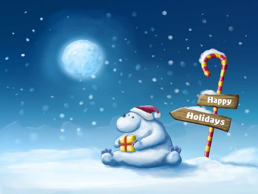 Free Scenery Wallpaper - Includes a Cute and Emotional Bear, Holding a Christmas Gift!