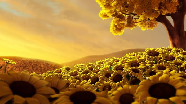 Free Scenery Wallpaper - Presents a Sun Flower World, Making One Helpful and Optimistic!