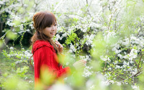 Girl in Red Sweater and Smiling Facial Expression, Flowers Are Also Smiling and Stretching the Hands to Welcome Her - HD Attractive Girls Wallpaper