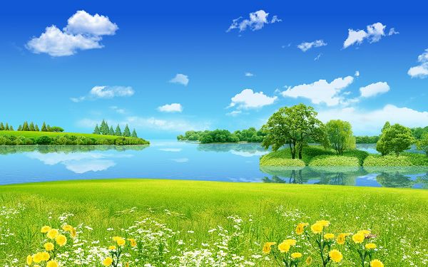 HD Natural Scenery Wallpaper - Creative Summer Dreamland, the Sky and the Sea Are Quite Blue, Smiling Flowers, Everything is Turning Good