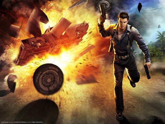 Just Cause Game HD Post in Pixel of 1600x1200, Man with His Gun, Escaping an Explosion, Hope He Will Survive - TV & Movies Post