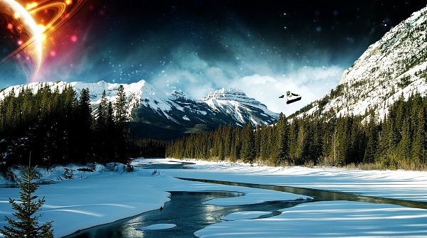 Natural Scenery image - A Man in Skate, the Shinning Planet, the River is with Snow, a Clean World!