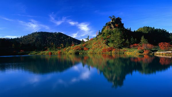 Natural Scenery pictures -  The Green Hills with Red Trees, Fully Shadowed in the Blue and Clear Sea