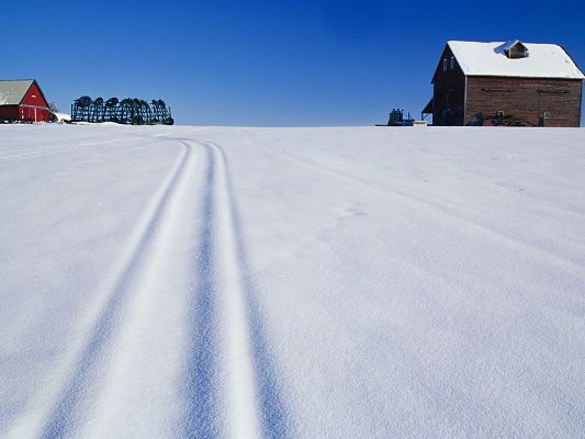 Nature Landscape Photo, Snow Marks in Winter, a Small and Comfortable House, Incredible Scene