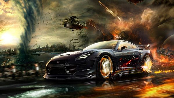 Pics of Cars - Nisaan GTR Race Post in Pixel of 1920x1080, Cool Car Escaping from an Explosion, Great Speed