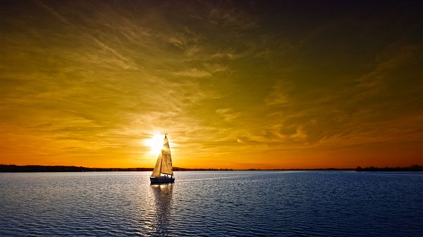 Pics of Natural Scene - The Golden Sky, a Sailing Boat on the Peaceful Sea, Combine a Great Scene!