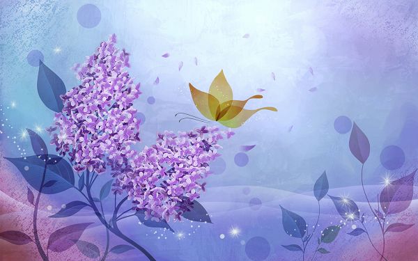 Purple Flowers in Full Bloom, a Butterfly is Nearby, Shinning Effect is Added, an Impressive Scene - HD Colorful Painting Wallpaper
