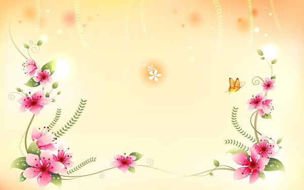 Red Flowers in Full Bloom, a Lovely Butterfly is Around, Setting is Light Orange, What a Wonderful World - Cartoon Flowers Wallpaper