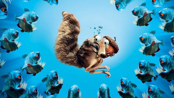 Scrat in Ice Age Post in 1920x1080 Pixel, Scrat is in the Center of Fishes with Sharp Teenth, Precious is Still in the Hand - TV & Movies Post