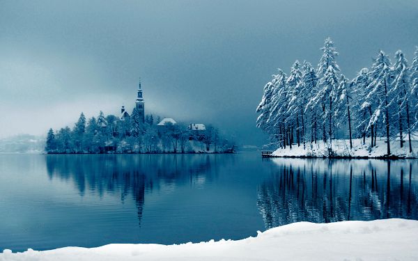 Sleeping Sea and Thick Snow Covered Trees and Buildings, Won't be Long before the Sun Shows up - HD Natural Scenery Wallpaper