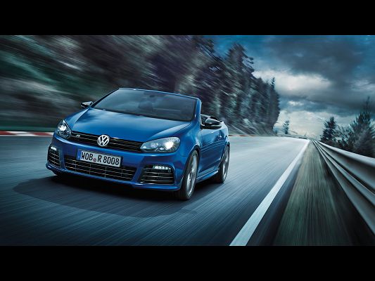 Super Car Post of Volkswagen Golf R, Seen from Motion Front, Blue Car in the Run