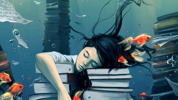 The Girl's Dreamy Scene, Too Tired to Read Books, Sleeping Underwater, Fishes Swimming By, What an Unbelieveable World! - HD Creative Wallpaper