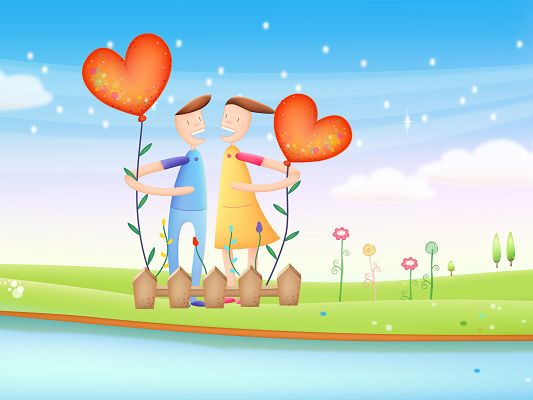 Together We Love HD Post in Pixel of 1600x1200, a Girl and Boy Picking Two Red Hearts Up, They Obviously Will End Up Good -TV & Movies Post