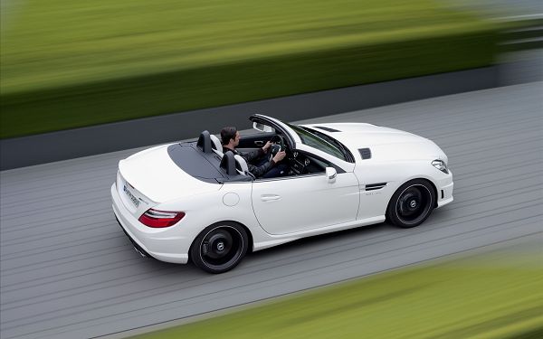White Benz SLK55 Car Being Driven at an Incredible Speed, the Scenes Alongside are Rushing Behind, What a Car! - HD Cars Wallpaper