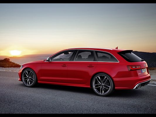 World-Famous Cars Image of Audi RS6, the Red Car in Stop, the Rising Sun Faraway, an Amazing Scene