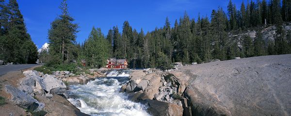 beautiful nature wallpaper - The River in Rapid Flow, a Red House in the Middle, Tall Trees Embracing