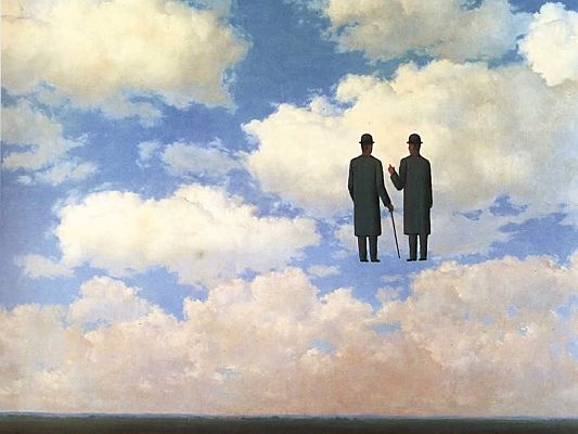 Free Wallpaper Of An Abstract Painting-two Men Talking On The Clouds