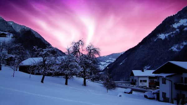 natural scenery photos - A Heavy Snow is Over, the Pink Sky, Strikes As a Romantic Scene