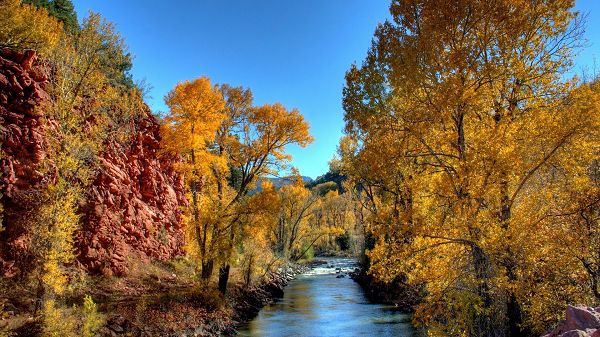 sceneries pictures - The Yellow Trees and Blue River, Red and Tough Hills, What a Natural Scene!