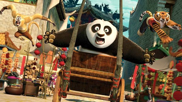 click to free download the wallpaper--2011 Kung Fu Panda 2 Post in 1600x900 Pixel, Panda is on Wooden Car, Something is in Front, Make Sure You Don't Get Hurt - TV & Movies Post