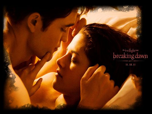 click to free download the wallpaper--2011 Twilight Saga Breaking Dawn Post in 1600x1200 Pixel, Edward is About to Kiss Bella, a Romantic and Cozy Scene - TV & Movies Post