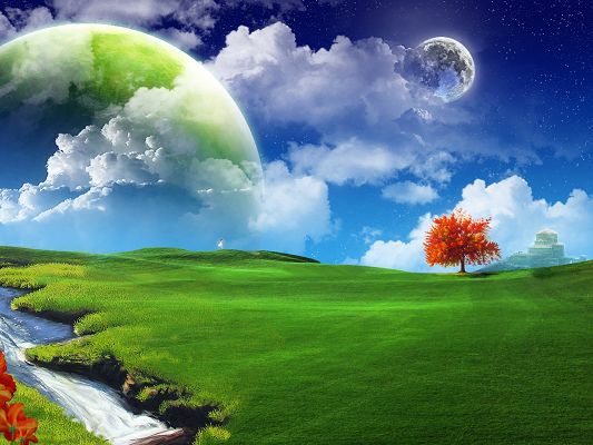 click to free download the wallpaper--3D Abstract Background, a Red Tree Among Green Grass, the Blue Sky, the Fantasy Land