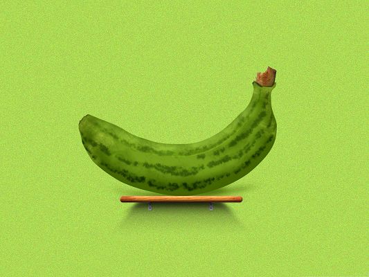 click to free download the wallpaper--3D Computer Background, Green Banana on the Table, Ready to be Enjoyed!