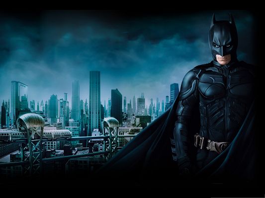 click to free download the wallpaper--3D Free Movie Post, Batman the Great Hero Standing Under the Dark Sky