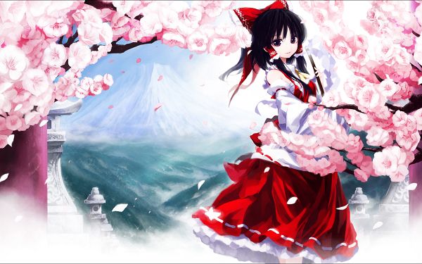 click to free download the wallpaper--A Beautiful Scene is Presented by Hakurei Reimu, She is Surrounded by All Pink Flowers, What a Scene! - HD Action Game Wallpaper