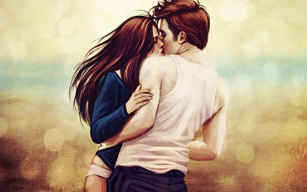 click to free download the wallpaper--A Hand-Drawn Picture of Twilight, Edward and Bella are Having a Kiss, Flying Hair, It is a Romantic and Moving Scene - TV & Movies Wallpaper