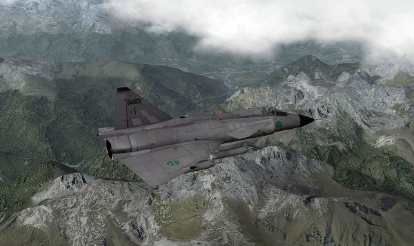 click to free download the wallpaper--Air Show 2013, X-Plane Flight Simulator, Saab 37 Military Aircraft Flying over the French Alps