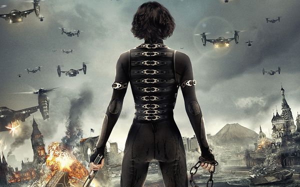 click to free download the wallpaper--Alice in Resident Evil 5 Retribution in High Quality and Resolution, Buildings on Fire, a Lady in Gun Alone, She is a Heroine - TV & Movies Wallpaper