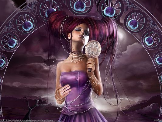 click to free download the wallpaper--Amazing Pic of TV Show, a Purple and Beautiful Girl Holding a Mirror, I Am the Most Beautiful