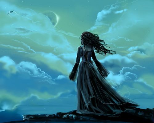 Amazing Pics of TV Show, Fantasy Girl in Long Black Dress, the Sky at Night