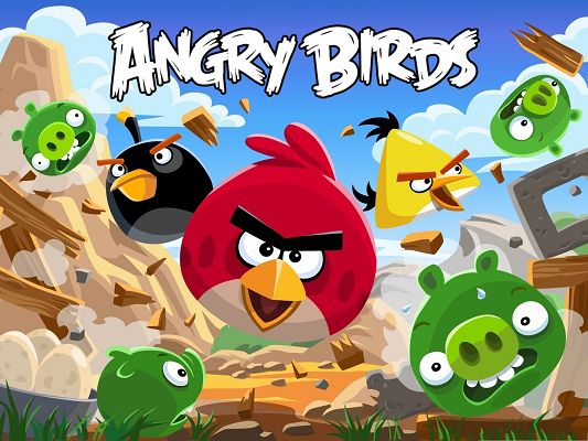 click to free download the wallpaper--Angry Birds Poster, Excited Angry Birds, Scared Pigs in Sweat