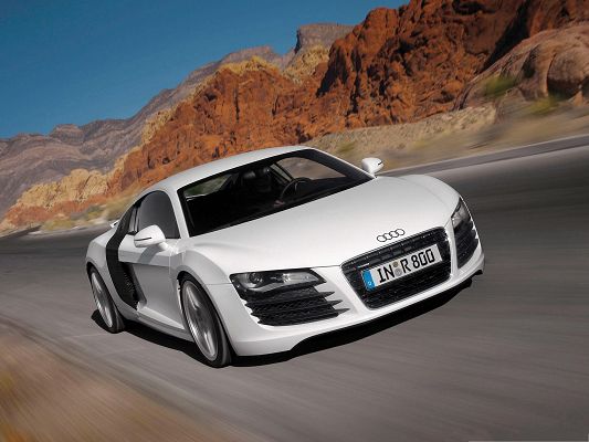Audi Cars Wallpaper, White Car in the Run, Flat and Straight Road